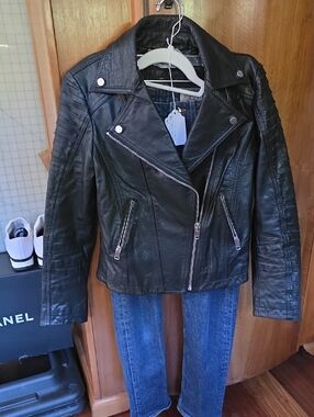 Diesel Black Leather Moto Jacket with Silver Hardware